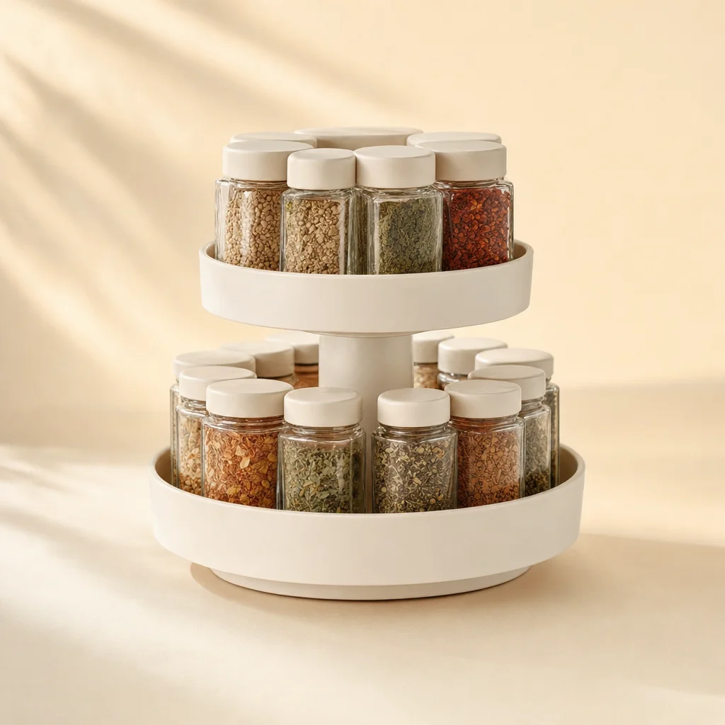 Rotating kitchen organizer on a clean cream background